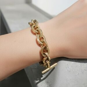Gold link and Brown leather bracelet